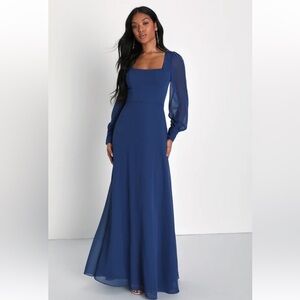 Lulus Stunning Behavior Dark Blue Square Neck Long Sleeve Maxi Dress- NWT